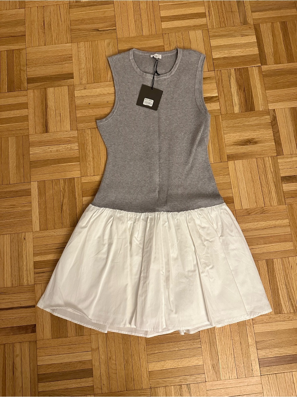 Le Lis Gray Knit Bodice with Drop Waist White Skirt Dress